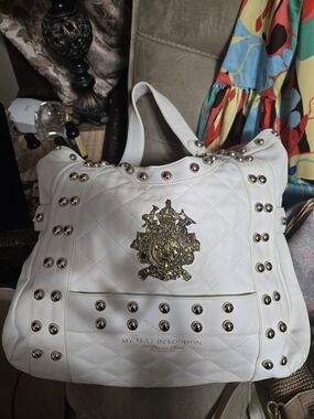 My Flat in London White Quilted Tote with Gold Crest and Studs